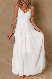 White Spaghetti Straps High Waist Elegant Long Dress - Fashion Queen -  1
